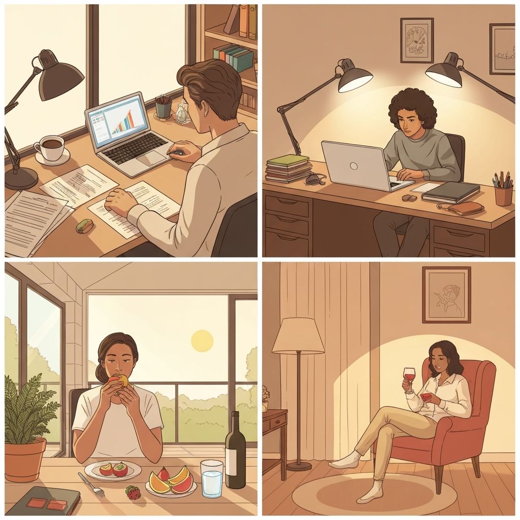 Prikaz različitih momenta u radnom danu - людве, stol sa laptopom, pauzira sa kofom