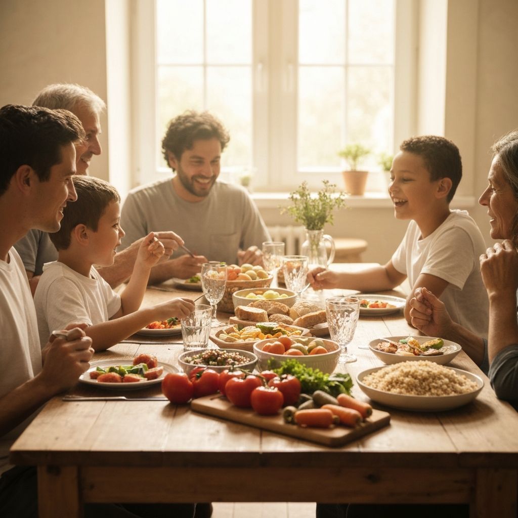Porodični obrok - deca, odrasli, hrana na stolu, topla atmosfera
